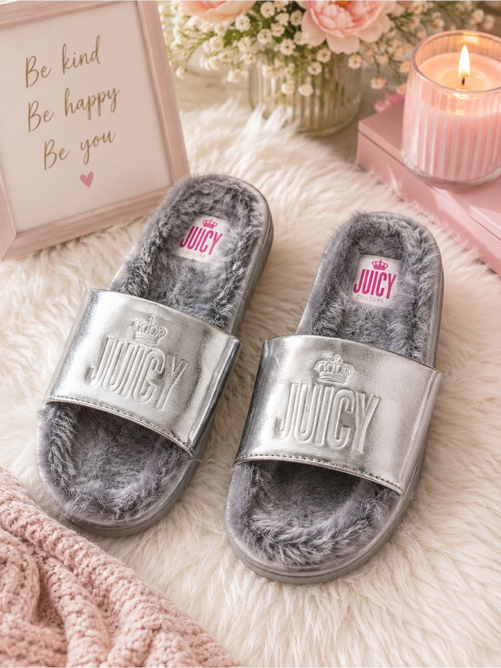Juicy Couture Silver Faux Fur Slides Slipper Sandals - Youth Size 5